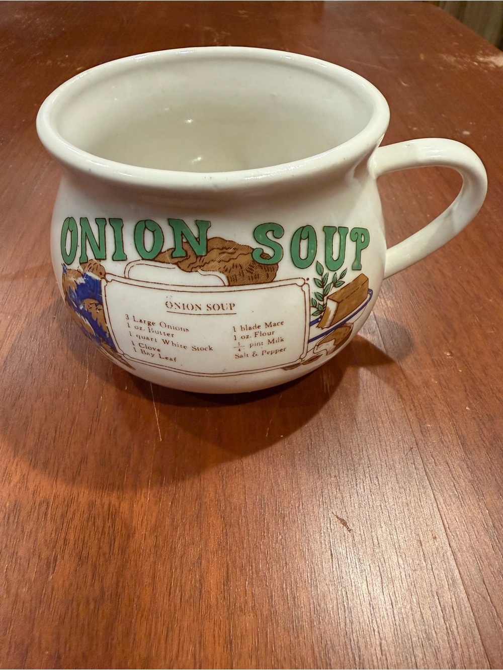 Onion Soup Ceramic Mug - White with Green Lettering